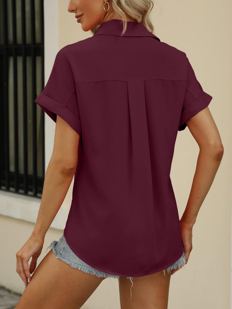 Beautife Womens Short Sleeve Shirts V Neck Collared Button Down Shirt Tops with Pockets (X-Large, Wine Red) - Image 5
